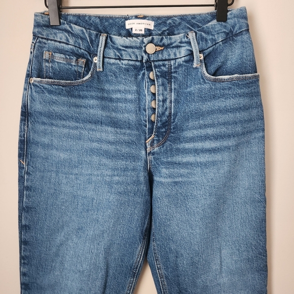 Good American | High Waist Button Front Split Hem Straight Leg Jeans - Size 2/26 - Picture 3 of 11